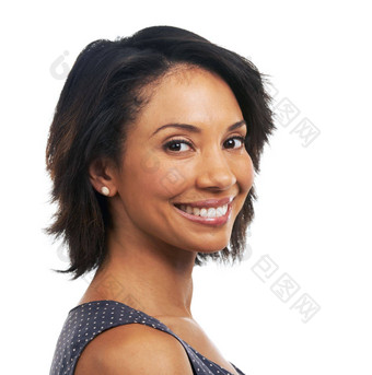 健康美肖像黑色的女人白色背景发光化妆品化妆护肤品自然生活方式脸头像女孩大微笑自信快乐工作室