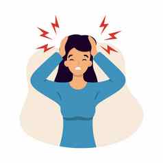 女人遭受头痛偏头痛症状病毒疾病向量字符卡通风格