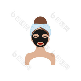 脸美丽的女孩毛巾头黑色的木炭面具脸向量插图卡通概念身体脸眼睛护理美容师服务