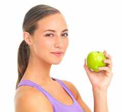 营养水果肖像女人苹果健康白色背景工作室食物微笑健身教练水果素食主义者饮食生活方式工作室背景