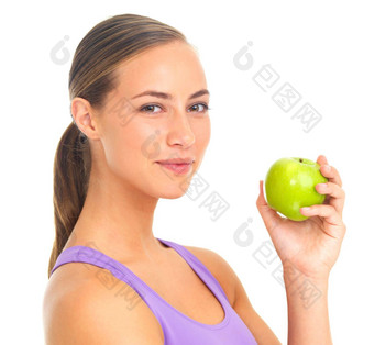 <strong>营养水果</strong>肖像女人苹果健康白色背景工作室食物微笑健身教练<strong>水果</strong>素食主义者饮食生活方式工作室背景