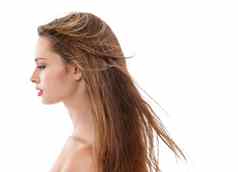 头发护理女人美配置文件化妆品理发师洗发水产品结果女模型白色背景角蛋白治疗沙龙广告发光增长
