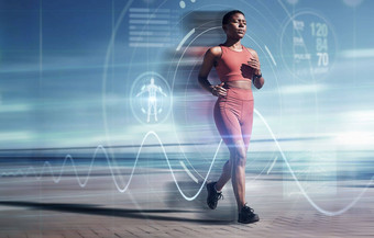 锻炼健身黑色的女人运行未来主义的全息图覆盖双曝光有氧运动健康健康体育女跑步者脉冲时间培训锻炼