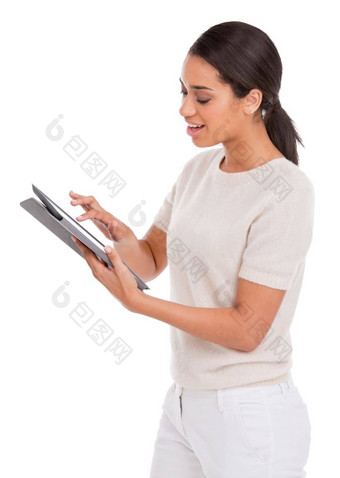<strong>触控</strong>板技术伟大的有吸引力的年轻的女人数字平板<strong>电脑</strong>孤立的白色