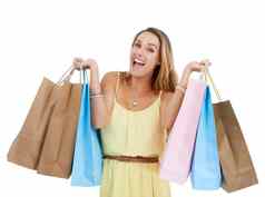 购物袋肖像女人兴奋工作室孤立的白色背景零售购物中心销售快乐客户模型购物商务市场折扣促销活动奢侈品商店品牌