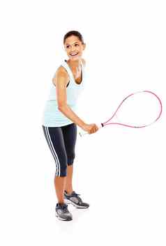 运动有趣的完整的长度图像快乐年轻的女人准备好了匹配持有网球球拍球