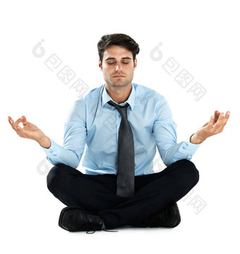 瑜伽冥想放松商人冥想工作压力救援精神上的精神健康脉轮能源疗愈莲花Zen心态和平员工正念白色背景工作室