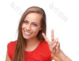 快乐女人肖像和平手标志微笑幸福自由<strong>表情</strong>符号孤立的白色背景脸年轻的女<strong>手指</strong>积极的心态动机善良