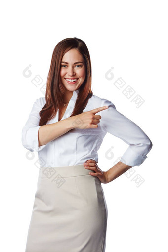 折扣显示指出机会女商人孤立的工作室白色背景快乐兴奋微笑企业女展示复制空间促销交易