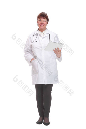 女医生数字平板电脑穿白色外套