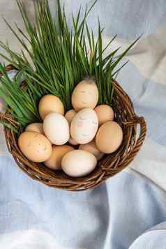 美丽的画复活节鸡蛋可爱的脸谎言木篮子新鲜的绿色草