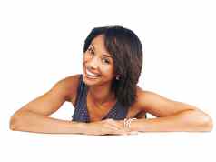 快乐黑色的女人肖像笑孤立的模型桌子上白色背景品牌空间微笑脸模型模拟表格市场营销标志广告产品放置