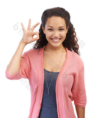 黑色的女人肖像手标志支持成功批准白色背景微笑脸快乐女模型完美的手指表情符号动机反馈信任