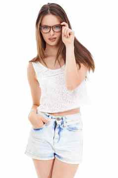 模型时尚眼镜肖像孤立的白色背景医疗保健时尚的健康很酷的眼睛护理女人愿景眼镜商眼镜市场营销模拟医疗保险