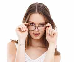 年轻的女人脸手眼镜眼睛护理愿景健康白色背景工作室模型镜头框架面部肖像光学眼镜眼科学眼镜眼睛健康