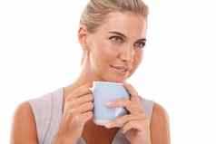 咖啡喝工作室脸女人茶压力救援工作打破放松温暖的液体饮料水合作用健康业务员工女孩热巧克力白色背景