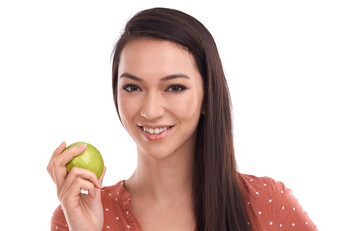 苹果健康脸肖像女人水果产品重量损失饮食身体排毒健康生活方式医疗保健模型营养学家食物健康的素食主义者女孩白色背景工作室