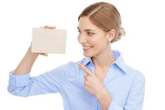 演讲卡指出业务女人市场营销品牌白色背景工作室快乐品牌员工显示销售纸广告标志工作室背景
