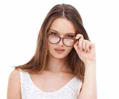 女人肖像眼镜愿景眼睛护理美孤立的白色工作室背景脸模型人眼镜框架镜头广告化妆品保险工作室