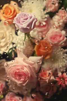 粉红色的橙色桃子玫瑰透明的玻璃冷凝滴纹理花植物壁纸