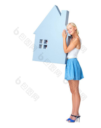 真正的房地产房子图标女人白色背景财产管理抵押贷款贷款金融投资房地产经纪人孤立的女孩拥抱首页住宅公寓租金