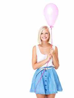 女人气球肖像模型模型白色背景工作室空间生日聚会，派对情人节一天气球快乐年轻的人模拟微笑准备好了庆祝
