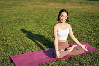 肖像年轻的考虑到女人实践瑜伽锻炼吸入呼气新鲜的空气公园坐着橡胶席