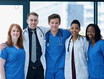 高度合格的医疗保健团队肖像团队自信年轻的医生工作医院