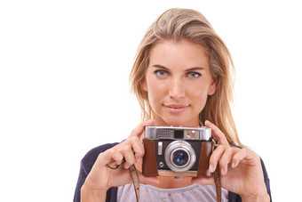 快乐肖像女人古董相机工作室经典复古的有创意的拍的摄影美女摄影师澳大利亚白色背景模型空间