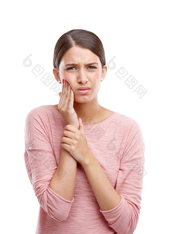 女人口手牙痛牙科健康心烦意乱肖像孤立的白色背景不开心模型伤心脸牙疼痛沮丧受伤牙齿医疗保健问题工作室图片
