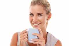 业务女人肖像喝咖啡孤立的白色背景招聘的想法创新愿景微笑快乐企业工人茶杯人类资源目标模型