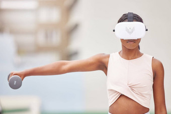 健身虚拟现实女人哑铃锻炼元宇宙技术未来主义的软件锻炼经验眼镜未来的电子竞技网络女孩培训齿轮健身房