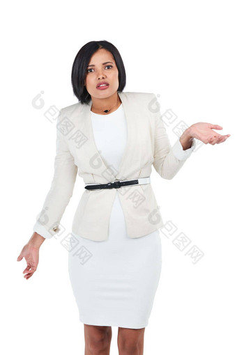 企业工作室肖像黑色的女人<strong>问题</strong>手手势白色背景风格孤立的经理业务领袖职业困惑手标志工作场所<strong>问题</strong>