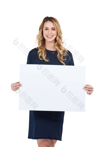女人持有标志海报市场营销广告品牌模拟孤立的工作室白色背景肖像快乐微笑人显示董事会空间出售