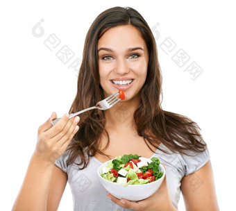 快乐女人肖像健康沙拉健康营养饮食快乐的微笑美丽的节食模型兴奋健康的食物生活方式孤立的白色背景