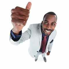 高角肖像商人拇指孤立的白色背景市场营销空间广告模型微笑快乐企业工人成功表情符号赢家手手势