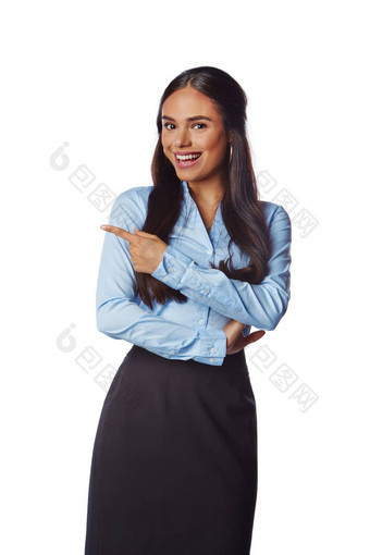 女商人站指出手指孤立的白色背景广告肖像女模型业务人显示手势广告白色工作室背景