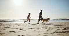健身夫妇狗海滩运行健康锻炼自然沙子蓝色的天空背景海洋锻炼女人男人。有氧运动运行宠物拉布拉多培训健康