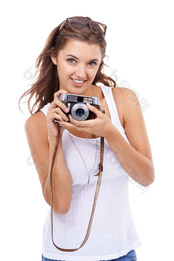 生活生活<strong>摄影工作室</strong>肖像年轻的女人持有古董相机