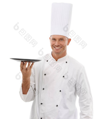 肖像老板空托盘微笑展示菜单特殊的促销交易餐厅产品放置快乐咖啡馆烹饪男人。统一的模拟孤立的白色背景工作室