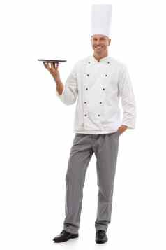 肖像老板持有空托盘菜单特殊的微笑展示促销交易餐厅产品放置快乐完整的身体烹饪男人。统一的模拟孤立的白色背景工作室