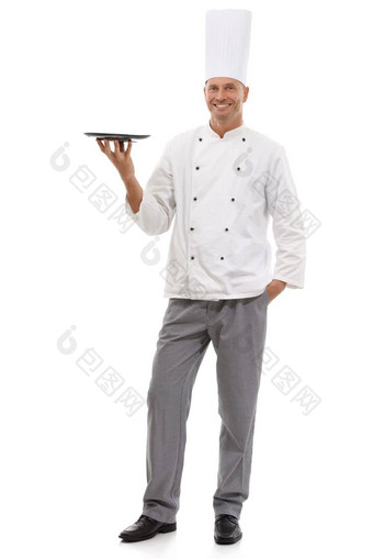 肖像老板持有空托盘菜单<strong>特殊</strong>的微笑展示促销交易餐厅<strong>产品</strong>放置快乐完整的身体烹饪男人。统一的模拟孤立的白色背景工作室