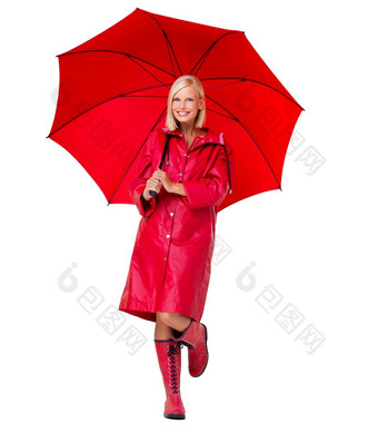 肖像女人伞微笑封面自信女孩孤立的白色工作室背景脸年轻的女快乐夫人封面雨快乐的快乐的夹克靴子