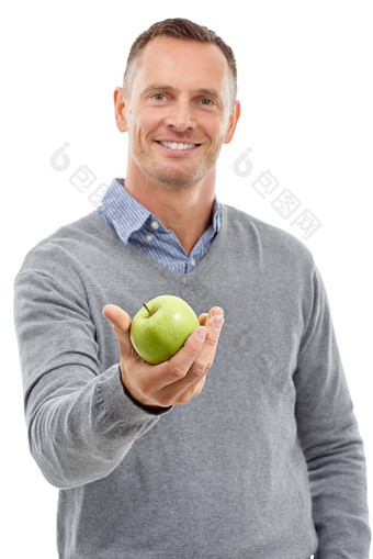给苹果工作室肖像男人。水果健康饮食健康孤立的白色背景模型人<strong>营养素</strong>食主义者食物手健康的生活方式清洁吃