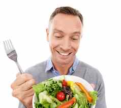 快乐男人。沙拉孤立的白色背景健康的饮食绿色午餐选择营养学家生活方式微笑人模型蔬菜食物碗素食主义者营养工作室