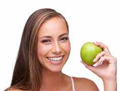 健康苹果肖像女人白色背景健康的生活方式化妆品幸福饮食消化脸女孩水果有机产品维生素营养