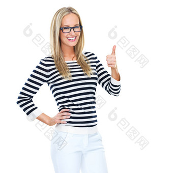 女人拇指微笑赢得好工作折扣出售白色工作室背景肖像快乐孤立的女显示thumbsup赢家完成了工作模型
