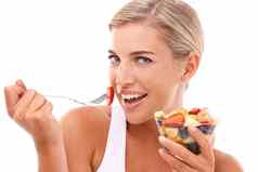 饮食水果肖像女人沙拉吃健康的快乐孤立的白色背景健康水果沙拉营养美丽的快乐女人水果营养食物工作室