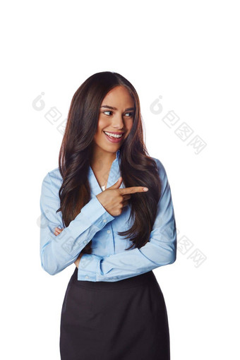 快乐手指业务女人指出工作室广告市场营销模型幸福微笑女模型<strong>企业优雅</strong>的<strong>优雅</strong>的装孤立的白色背景
