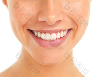 牙科健康女人牙齿工作室健康的美丽的清洁化妆品微笑快乐特写镜头贴面板女模型加拿大口服卫生孤立的白色背景